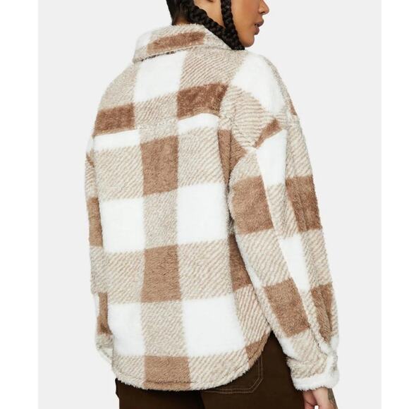 Le Lis Fuzzy Shacket Sweater Coat Cozycore Boho Aesthetic Brown/White Check Sz L - Picture 3 of 10